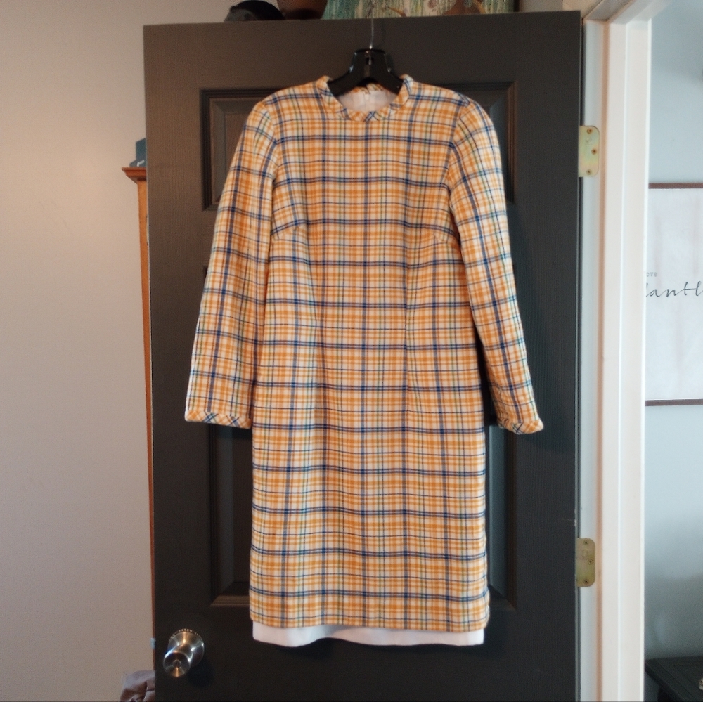Vintage 1950s neutral Plaid shift checkered midi length dress modest cottagecore